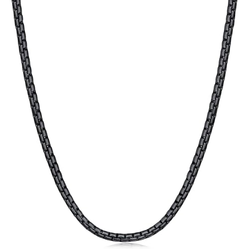 Fiusem Black Flat Box Chains for Men, 2.5/3/4/4.5/5mm Stainless Steel Chain Necklace, Necklaces for Men and Women 16-28 Inches