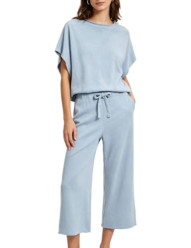 Image of Bozanly 2 Piece Sets for Women Short Sleeve Tops and Capris Loose Matching Pajama Sets Sweatsuits