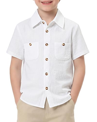 Jecson Boys Dress Shirts Short Sleeve Button Down Cotton Boys Collared Shirt with Pockets White