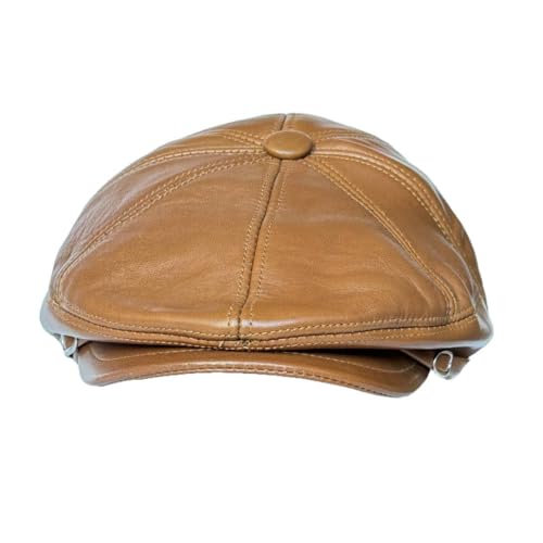Genuine Leather Newsboy Ivy League Classic Flat Cap with Earflapg (XLarge-2X-Large, Tan)