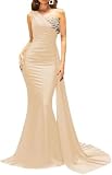 One Shoulder Champagne Bridesmaid Dress for Women Mermaid Rhinestone Satin Wedding Reception Gown Pl