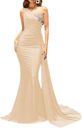 One Shoulder Champagne Bridesmaid Dress For Women Mermaid Rhinestone Satin Wedding Reception Gown Plus Size Tight Formal Evening Dress #TOP24