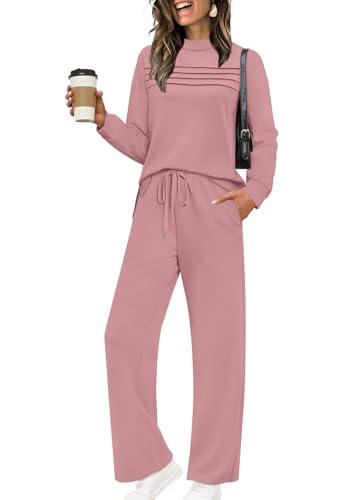 WIHOLL Two Piece Sets for Women Fall Travel Vacation Outfits Long Sleeve Lounge Sets Side Slit Wide Leg Pants S-3XL
