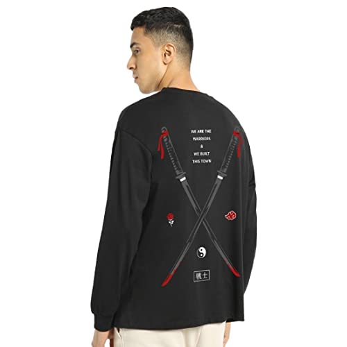 Image of Bewakoof Men's Warriors Graphic Print Black Round Neck Long Sleeve Loose Fit T-Shirt