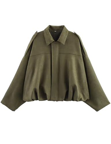 Women's Suede Bomber Jackets Casual Overasized Batwing Sleeve Pleated Elastic Hem Coats Streetwear(ArmyGreen-L)