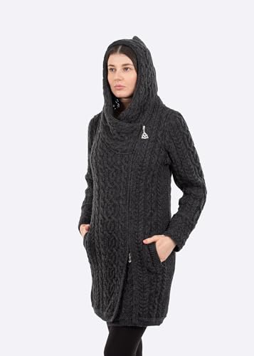 Image of SAOL Ladies Irish Aran Zip Cardigan - 100% Merino Wool Coat with Pockets and Hood, Made in Ireland