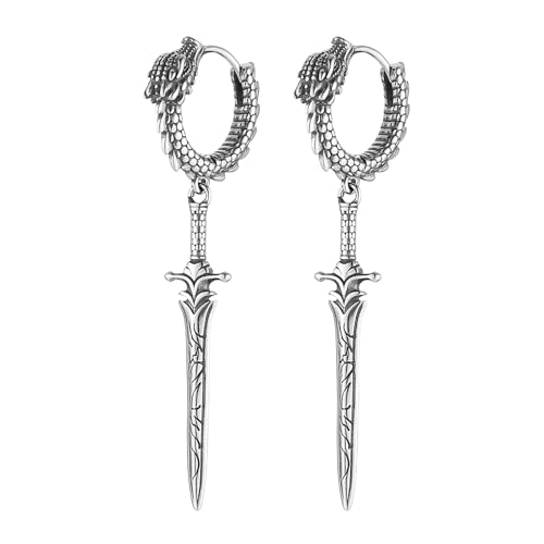 HZMAN Sword Dangle Drop Earrings for Men Gothic Punk Stainless Steel Dragon Knight Earring Hinged Huggie Hoop Earring Jewelry Gift