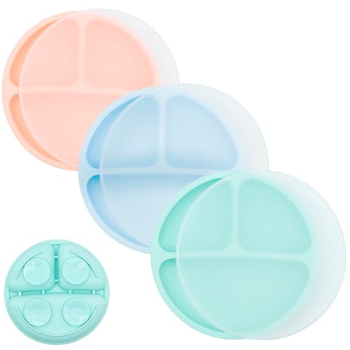 Image of WeeSprout Suction Plates for Babies With Lids & Toddlers - 100% Silicone, Dinnerware Stays Put, Divided Design for Picky Eaters, Microwave & Dishwasher Friendly, 3 Pack