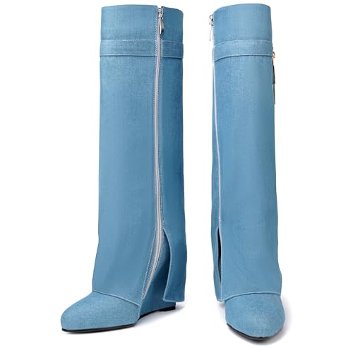 Image of Fold Over Boots for Women Pointy Pull-on Wedge Heel Knee Shark Boot With Side Zipper Padlock Design