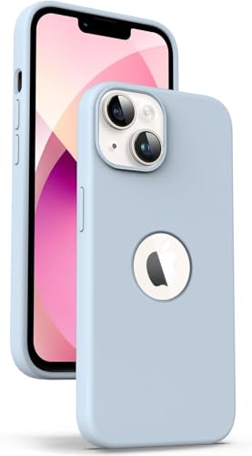 Image of Elzzi Microfiber Logo Cover Compatible for iPhone 13 Case Liquid Silicone Cases Full Body 4 Layer Protective Covers Shockproof Back Cover (Mist)