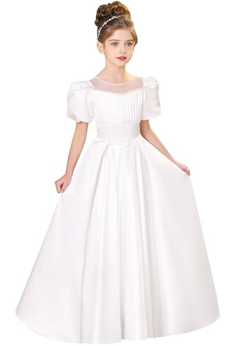 Girls First Communion Dress Satin Flower Girl Dresses for Wedding Puff Sleeves Party Ball Gown