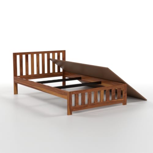 Image of Solid Sheesham Wood Single Size Bed Without Storage | Contemporary Wooden Single Cot with Slatted Headboard & Footboard | Strong Wooden Divan Bed for Bedroom (Honey Finish)