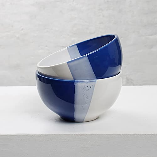 Image of The Earth Store Ceramic Handcrafted White Blue Dual Tone Soup Bowl for Vegetable Chutney Snacks Pasta Serving Bowl for Home Kitchen Dining Table, White Blue (Set of 2)
