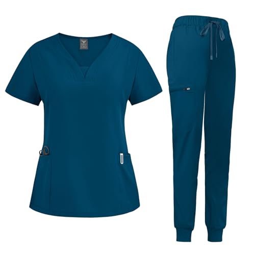 niaahinn Scrub Suit Set for Women Modern V-neck Top & Tapered Leg Jogger Pants with Drawstring Medical Nursing Uniforms Set (Caribbean Blue M)