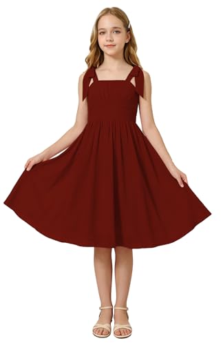 Oittuye Girls Formal Dress Bow Strap Junior Bridesmaid Dress Knee Length Pleated Chiffon Flower Girl Dresses, Rust, Size 10