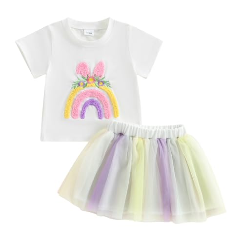 XIXIMAON Toddler Baby Girl Summer Easter Outfit Rainbow Rabbit Embroidery Round Neck Short Sleeve T-Shirt Baby Tulle Skirt 2 Pcs Kid Clothes Set (White, 3-4T)