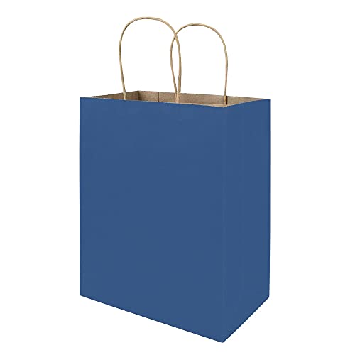 bagmad 50 Pack 8x4.75x10 Inch Medium Blue Kraft Paper Bags with Handles Bulk, Gift Bags, Craft Grocery Shopping Retail Party Favors Wedding Business Sacks (Blue, 50pcs)
