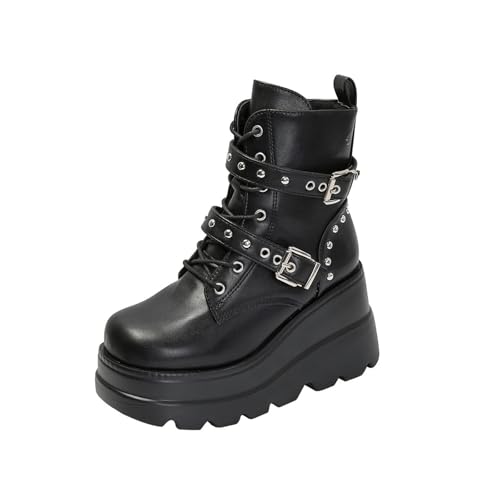 NUSGEAR Martins Botas De Mujer Botines Con Cordone Botas Negras Estilo Con Plataforma Dentada Y Cordones Con Hebillas Plataforma Zapatos Cremallera Cómoda Suela Antideslizante Invierno Pisamierdas