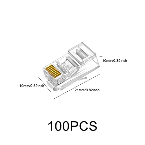 YIOVVOM RJ45 Cat6 Pass Through Connectors Gold Plated 8P8C Ends for Solid Wire and Standard Cable, Transparent 100-PACK