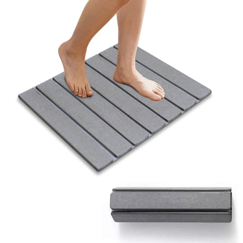 HouYa-Tec Tapis de Bain en Pierre,Tapis de Bain antidérapant Pliable en Terre de diatomée Naturelle,antidérapant, Super Absorbant, Tapis de Sol pour Salle de Bains, Maison et Cuisine (Gris Clair, M)
