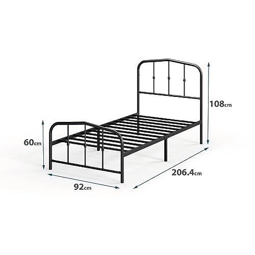 Zinus Heidi Bett 90x200 cm - Höhe 31cm mit Stauraum unter dem Bett - Metall Plattform Bettgestell mit Kopfteil und Fußteil - Schwarz