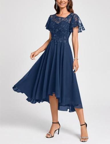 Lace Mother Bride Dresses Tea Length Chiffon Formal Dress Asymmetrical Cocktail Party Gowns with Ruffle Short Sleeve RO642