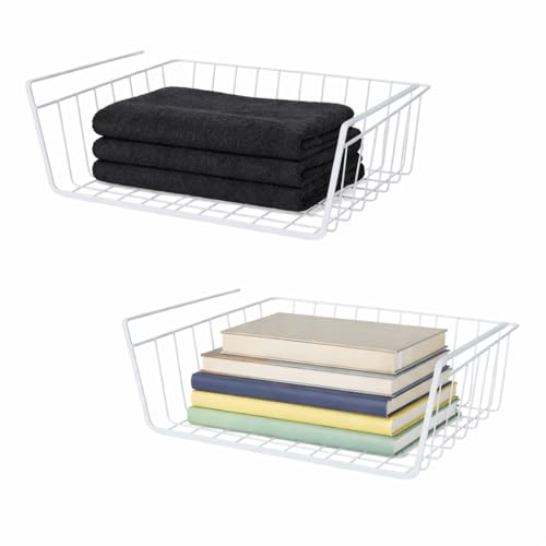 Image of DecorTwist 16 Inch Under Shelf Storage Basket - Heavy Duty Metal Undershelf Organizer for Kitchen Cabinet, Wardrobe & Pantry | No Drill Slide-In Under Cabinet Wire Rack (White) Pack of 2