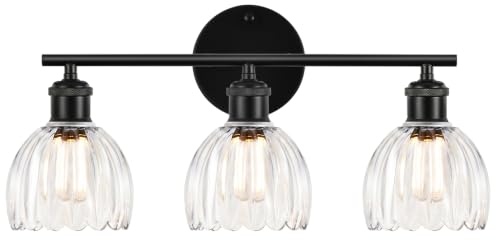 Image of Bathroom Light Fixtures, 3-Light Brushed Black Vanity Lights for Bathroom with Clear Tulip Glass Shade, 20 inch Vintage Bathroom Vanity Lighting Fixtures Over Mirror for Bedroom Living Room Hallway