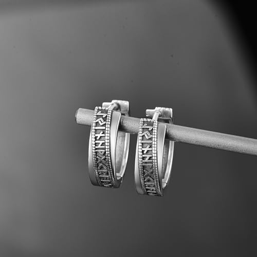 Pendientes de aro vikingos de plata de ley 925 unisex con grabado runas 4