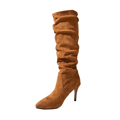 Elegante bota hasta la rodilla con detalle plisado en punta puntiaguda - Botas de media altura para todos, marrón, 39 EU