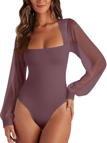Image of PINKMSTYLE Women's Square Neck Double Lined Mesh Long Sleeve Bodysuits | Sheer Puff Sleeve Body Suit,Slim fit Trendy Going Out Tops,Concert Outfit