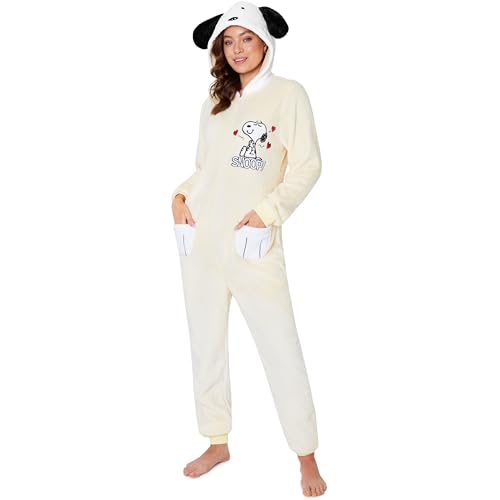 Peanuts Snoopy Jumpsuit Damen Schlafanzug, Kuscheliger Onesie, Winter Kapuzenanzug, Geschenke für Erwachsene & Teens (L, Beige)