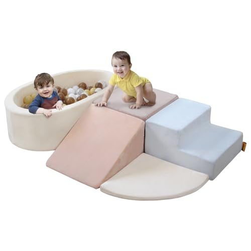 BanaSuper Kids Soft Play Set, Baby Foam Ball Pit, Foam Climbing Blocks with Ball Pool(Balls not Included), Toddlers Soft Play Equipment & Playground, Montessori Toy for Gross Motor Skills, Blue Pink
