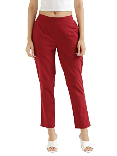 Image of SAADAA Women Cotton Pant Regular Slim Fit Mid Rise Trouser, Pocket Pants for Office School Formal Casual Daily Use