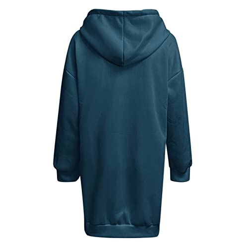 Vestidos casuais femininos com capuz manga comprida com cordão pulôver vestidos 2022, Azul marino, G