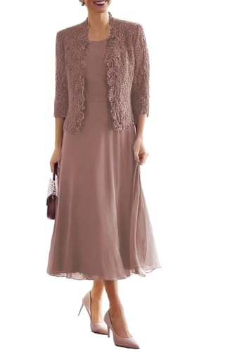 Tea Length Mother of The Bride Dresses for Wedding with Jacket 2 Pieces Chiffon Layered Dusty Rose Dress with Sleeves 16