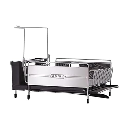Sabatier Expandable Stainless Steel Dish Rack with Rust-Resistant Soft Coated Wires and Bi-Directional Spout, with Utensil Caddy and Removable Stemware Holder