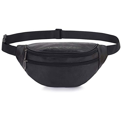 Image of Leather Fanny Pack for Women Men Fashion Sling Crossbody Bag Travel Trip Bag (Black leather)