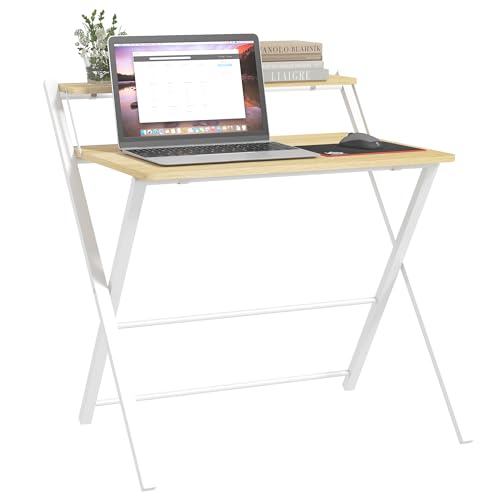 HOMCOM Mesa de Escritorio Plegable Mesa de Estudio con Estante Superior Estilo Moderno para Sala Oficina Dormitorio 81,5x70x84 cm Natural y Blanco
