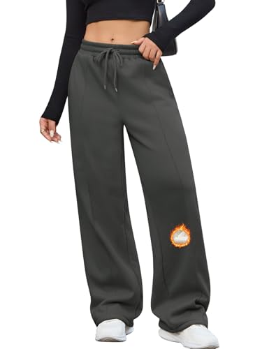 CMTOP Joggers for Women UK Fleece Lined Sweatpants Wide Leg Trouser Elastic Waist Drawstring Lounge Pants Casual Cotton Sweatpant with Pockets for Sports Gym Dark Grey