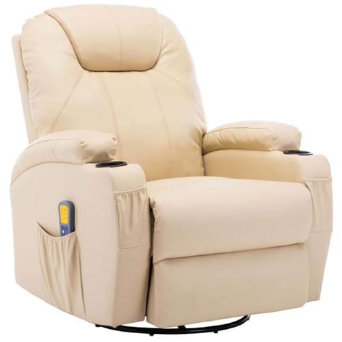 vidaXL Sillón Masaje Eléctrico Reclinable Cuero Sintético Crema Silla Mecedora