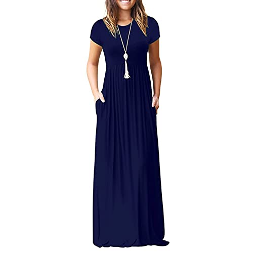 Image of AUOMITH Women Summer Short Sleeve Navy Blue Maxi Dress Pleated Loose Plain Round Neck Casual Empire High Waisted Party Long Dress with Pockets XX-Large