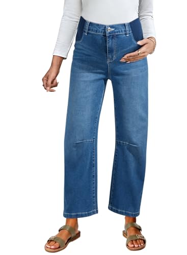 BLENCOT Women's Maternity Baggy Jeans Elastic Waist Stretch Barrel Jeans Side Panel Loose Pregnancy Denim Pants P605 Blue S