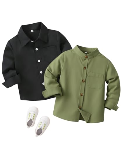 Image of Boys Shirt, Black and White Plaid and Light Blue Solid, Long Sleeve Button-Up, 2 Pack