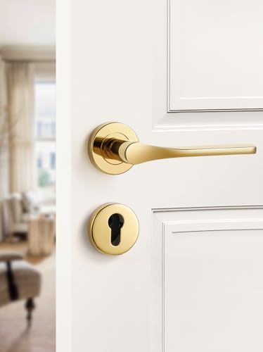 SORWDUERM Türgriff Gold Drückergarnitur, Edelstahl matt, Türklinke für Haustür und Innentür, L-Form, PZ - Profilzylinder, Rund-Rosette