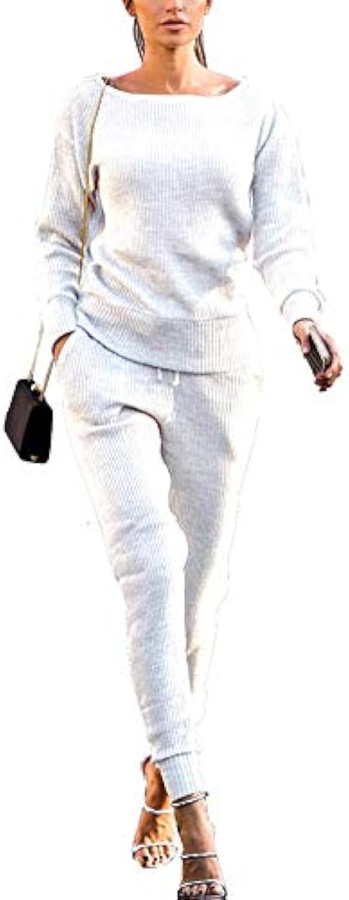 Uni Clau Womens Fall Rib-Knit Long Sleeve Pullover Sweater Top Drawstring Long Pants Set Two Piece Outfits Workout Tracksuit