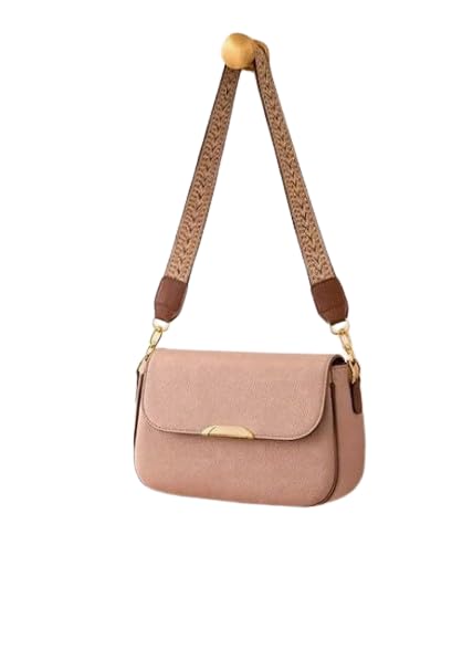 Women's Sling Bag, Nude Pink, Faux Leather, Crossbody Shoulder Bag with Patterned Strap, Gold-Tone Hardware-image-43