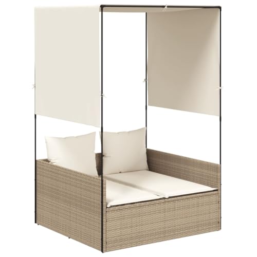 vidaXL Tumbona Doble con Techo y Cortinas ratán sintético Beige, Tumbona, Cama de día de Exterior, Cama de día de jardín, Tumbona de Exterior