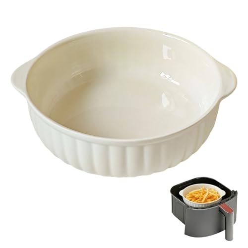 Cazuela de cerámica de 700 ml, 7,5 pulgadas, de cerámica, redondos, con asas, para lasaña, carne, verduras, para freidora de aire caliente, horno, microondas, color blanco