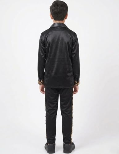 Image of BookMyCostume Western Dance Costume for Boys - Black & Golden Sequin Collared Shirt & Pants Set | Annual Day Dance Dresses & Fancy Dress for Stage Shows & Performances | 10-12 Years